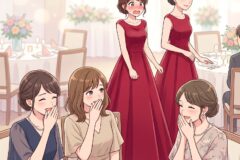 Two women in matching red evening gowns stand beside a round dining table while guests gasp and cover their mouths in surprise at a formal event. jewelry and floral centerpieces hint at a wedding reception.