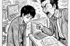 Angry boss shouts and points at a tired coworker in a cluttered office with papers and monitors nearby.