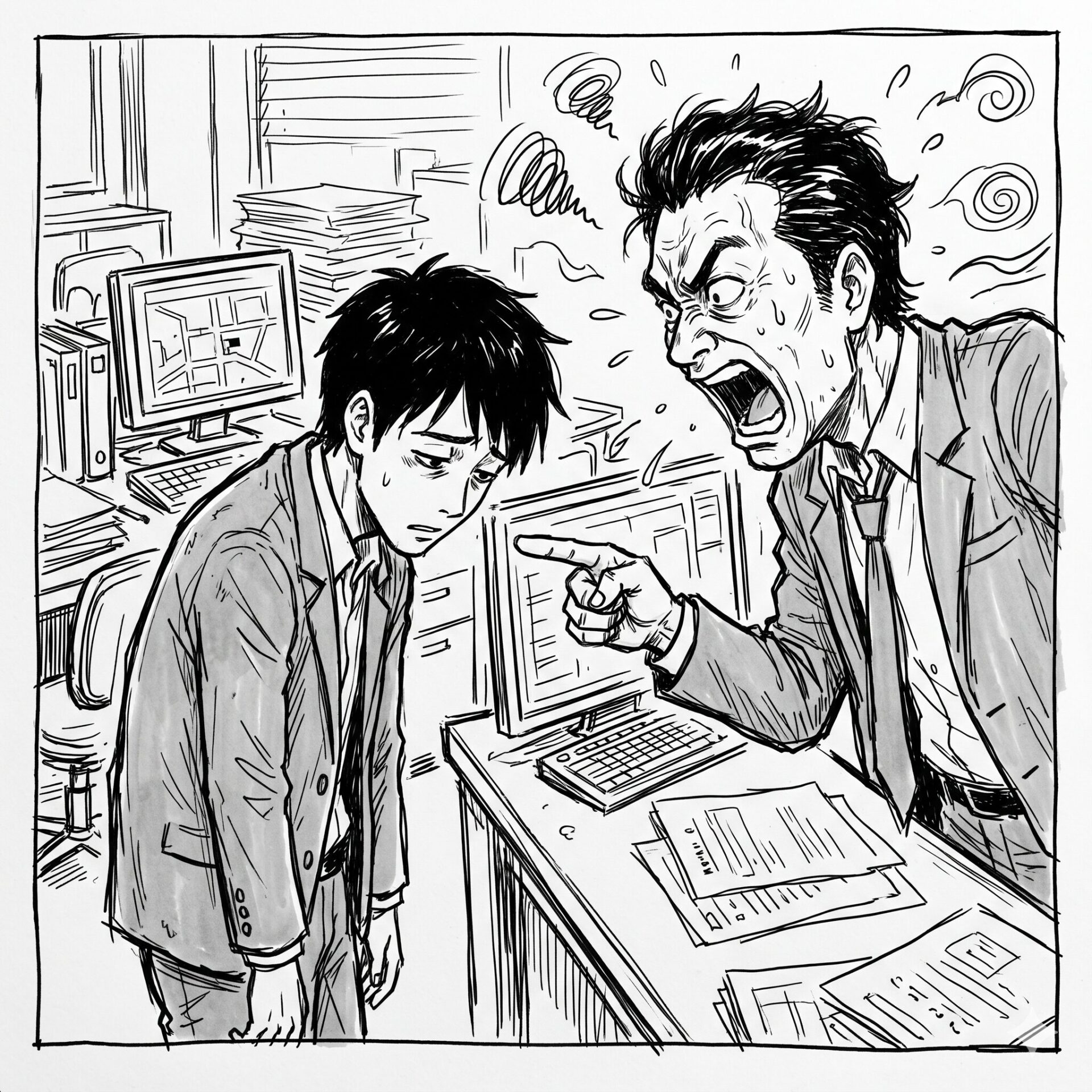 Angry boss shouts and points at a tired coworker in a cluttered office with papers and monitors nearby.