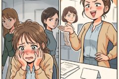 A young woman in a beige jacket sits at a desk, cheeks stained, crying with hands on her face as coworkers look on in a hallway.