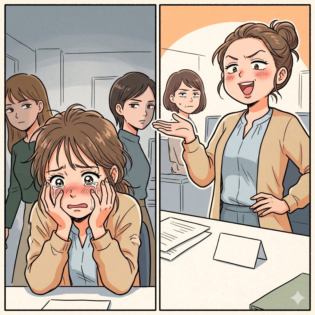 A young woman in a beige jacket sits at a desk, cheeks stained, crying with hands on her face as coworkers look on in a hallway.