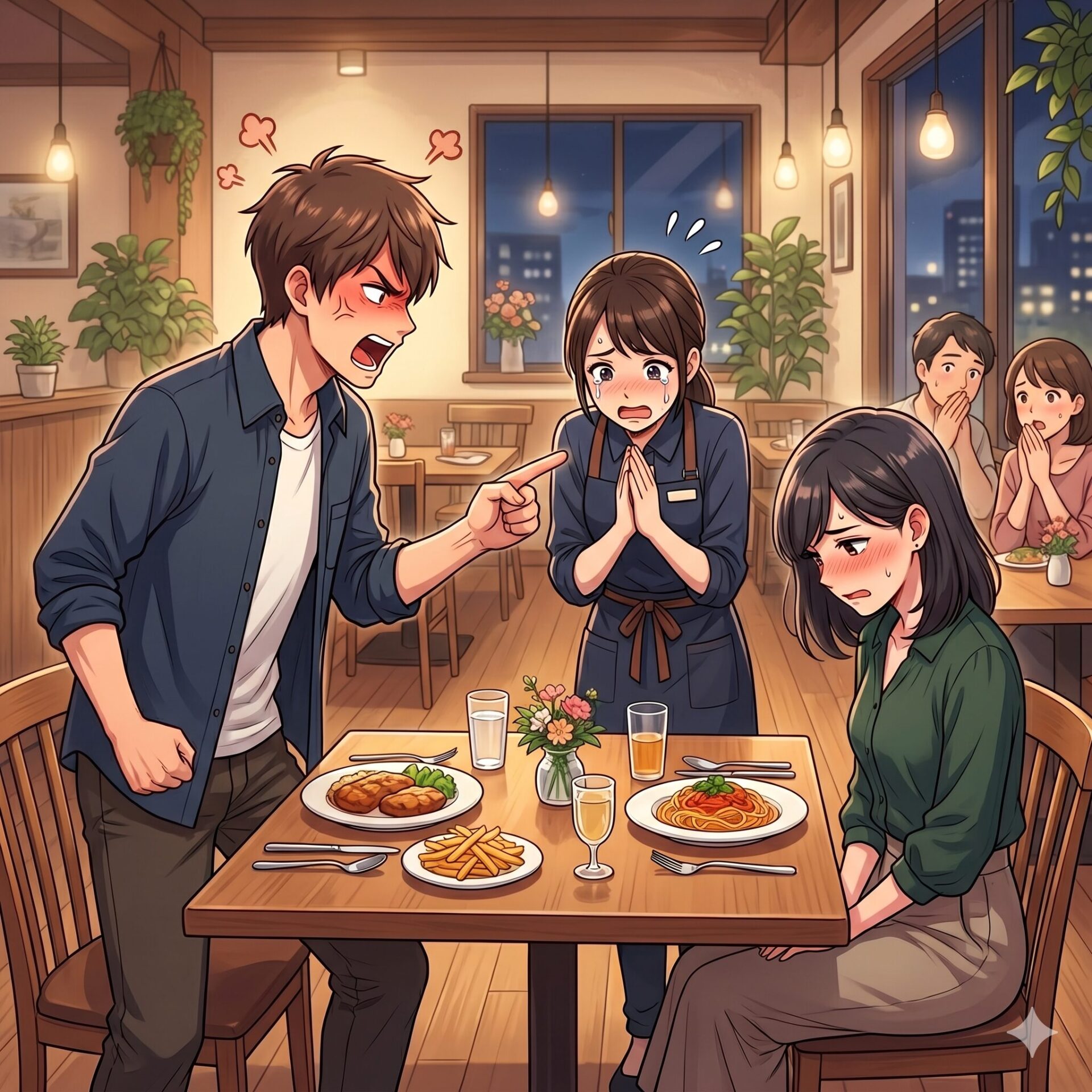 A man angrily shouts and points at a distressed woman seated at a restaurant table as others react with surprise in the background.