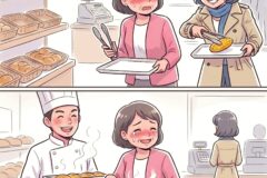 Two customers at a bakery counter, trays of corn on the cob, and a smiling chef in the foreground.