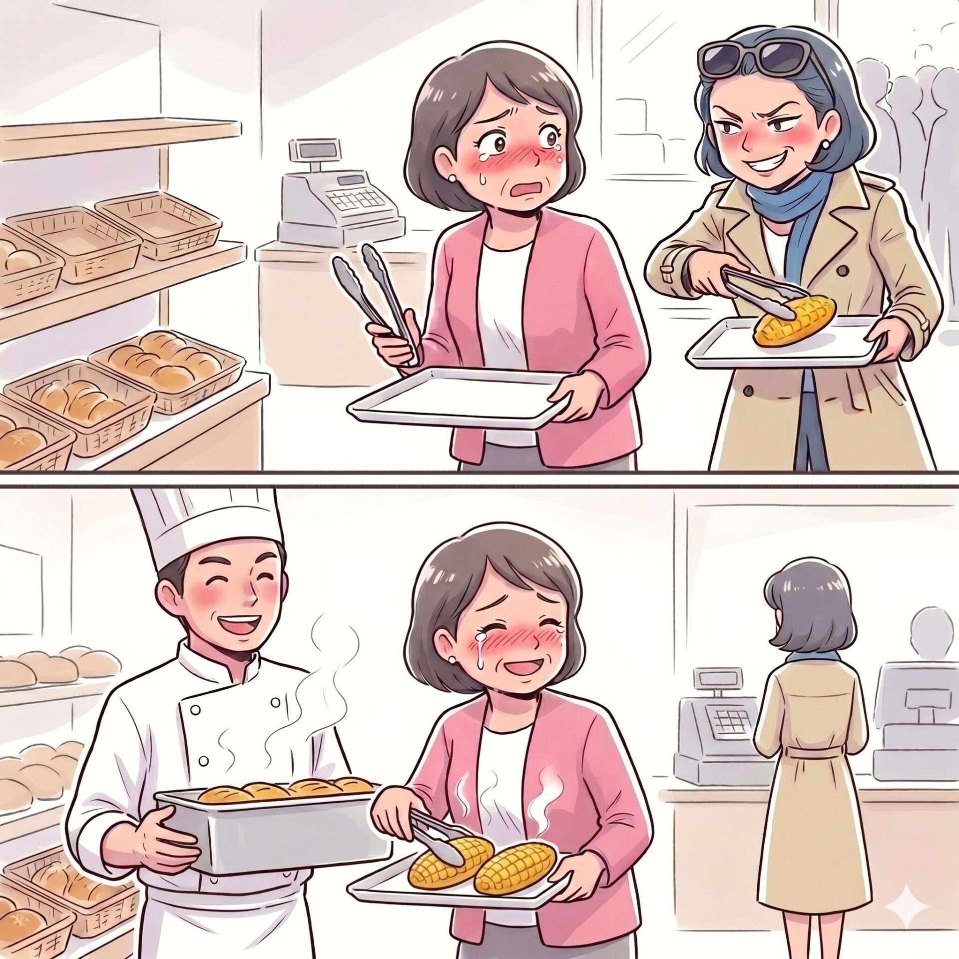 Two customers at a bakery counter, trays of corn on the cob, and a smiling chef in the foreground.