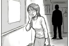 Worried woman with two suitcases covers her mouth as a shadowy man stands in a hallway behind her.
