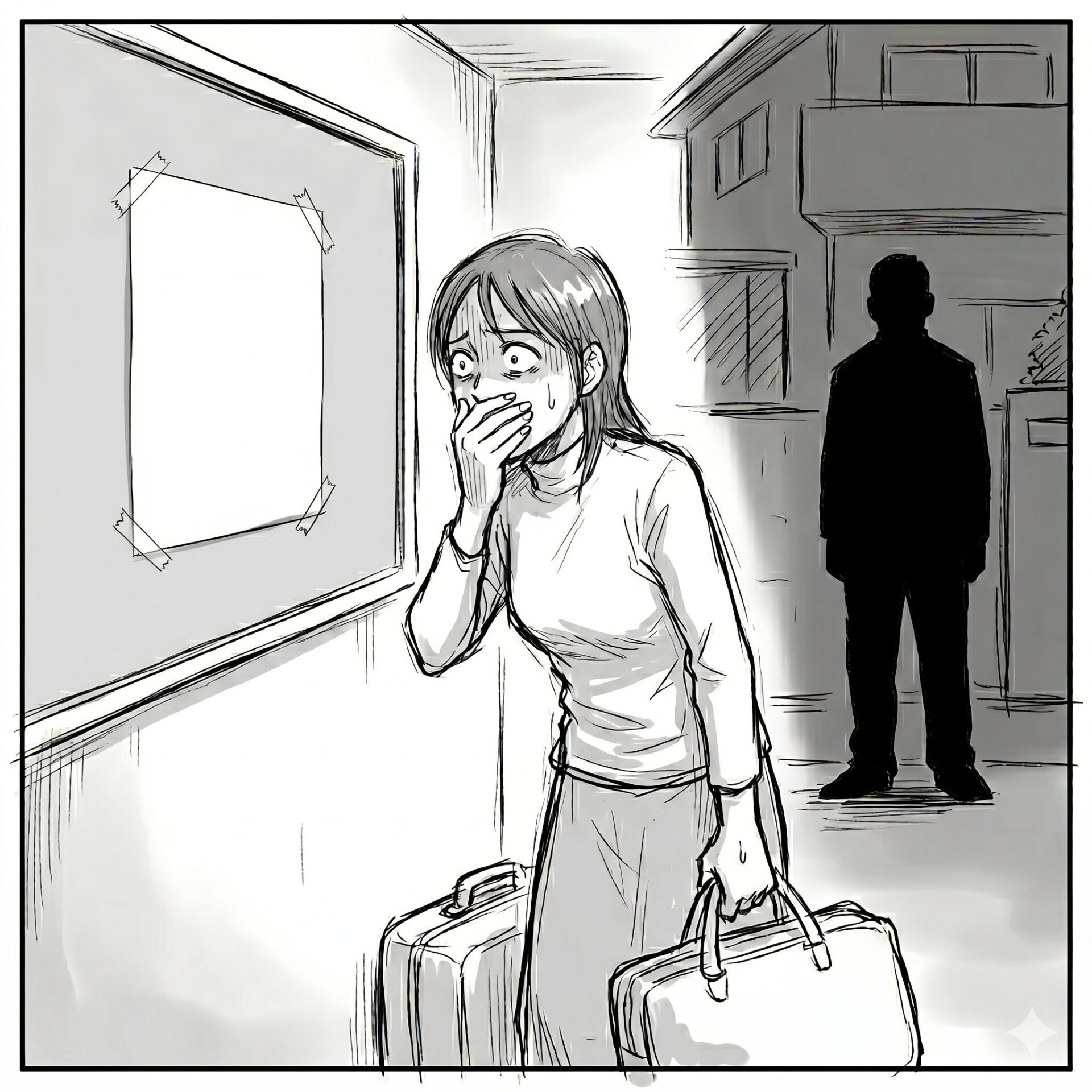 Worried woman with two suitcases covers her mouth as a shadowy man stands in a hallway behind her.