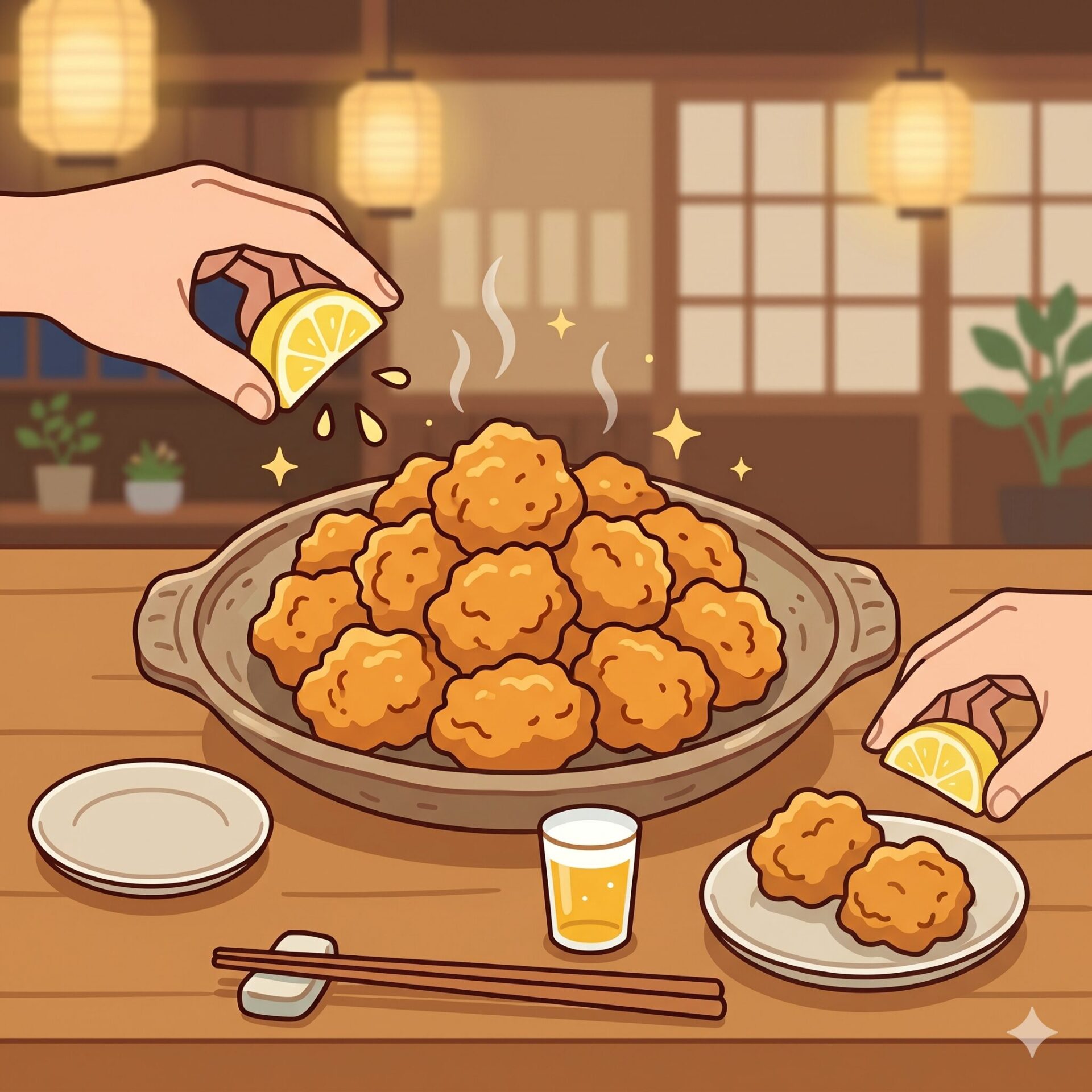 A large tray of crispy fried chicken bites being squeezed with lemon in a cozy dining room setting.