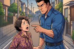 A tense street confrontation: a stern man in a blue uniform points at an frightened elderly woman who clutches her arm on a residential road at sunset/around dusk.