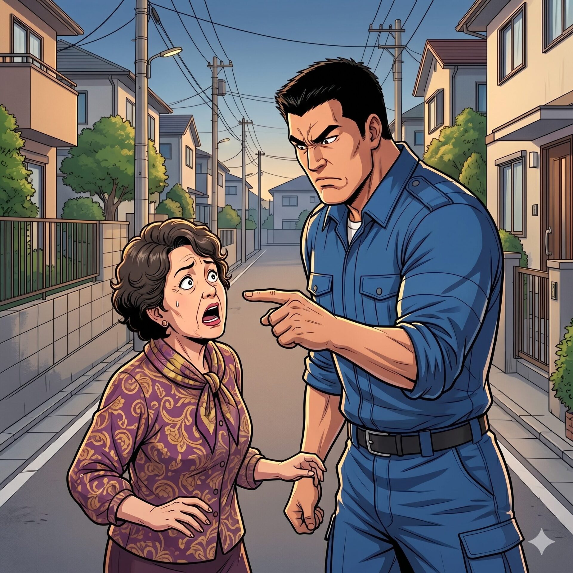 A tense street confrontation: a stern man in a blue uniform points at an frightened elderly woman who clutches her arm on a residential road at sunset/around dusk.