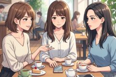 Three women talk at a cafe table with tea cups, a small dessert, and a phone on the table in front of them.