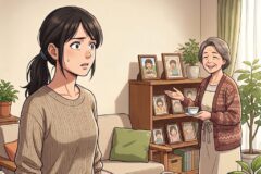 Young woman with a worried expression stands in a cozy living room as an elderly woman offers tea by a photo-filled shelf.