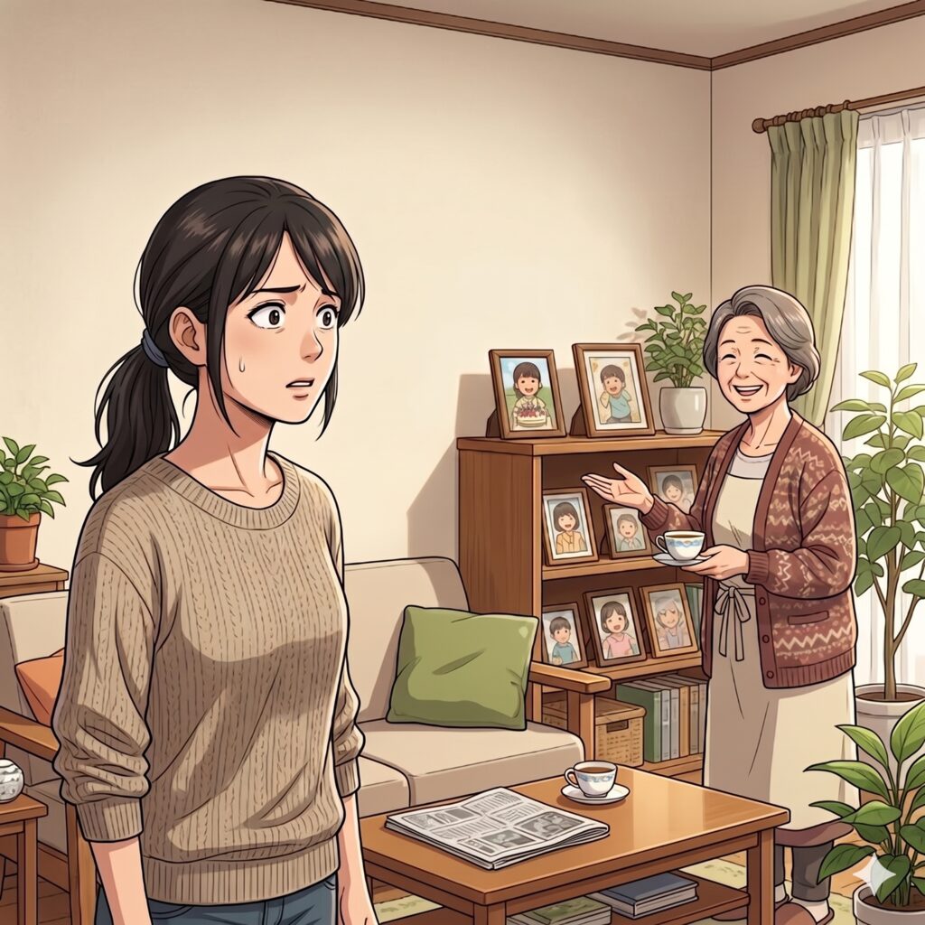 Young woman with a worried expression stands in a cozy living room as an elderly woman offers tea by a photo-filled shelf.