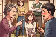 Older woman angrily scolds a seated young woman while the rest of the family looks on in a tense tatami-room setting.
