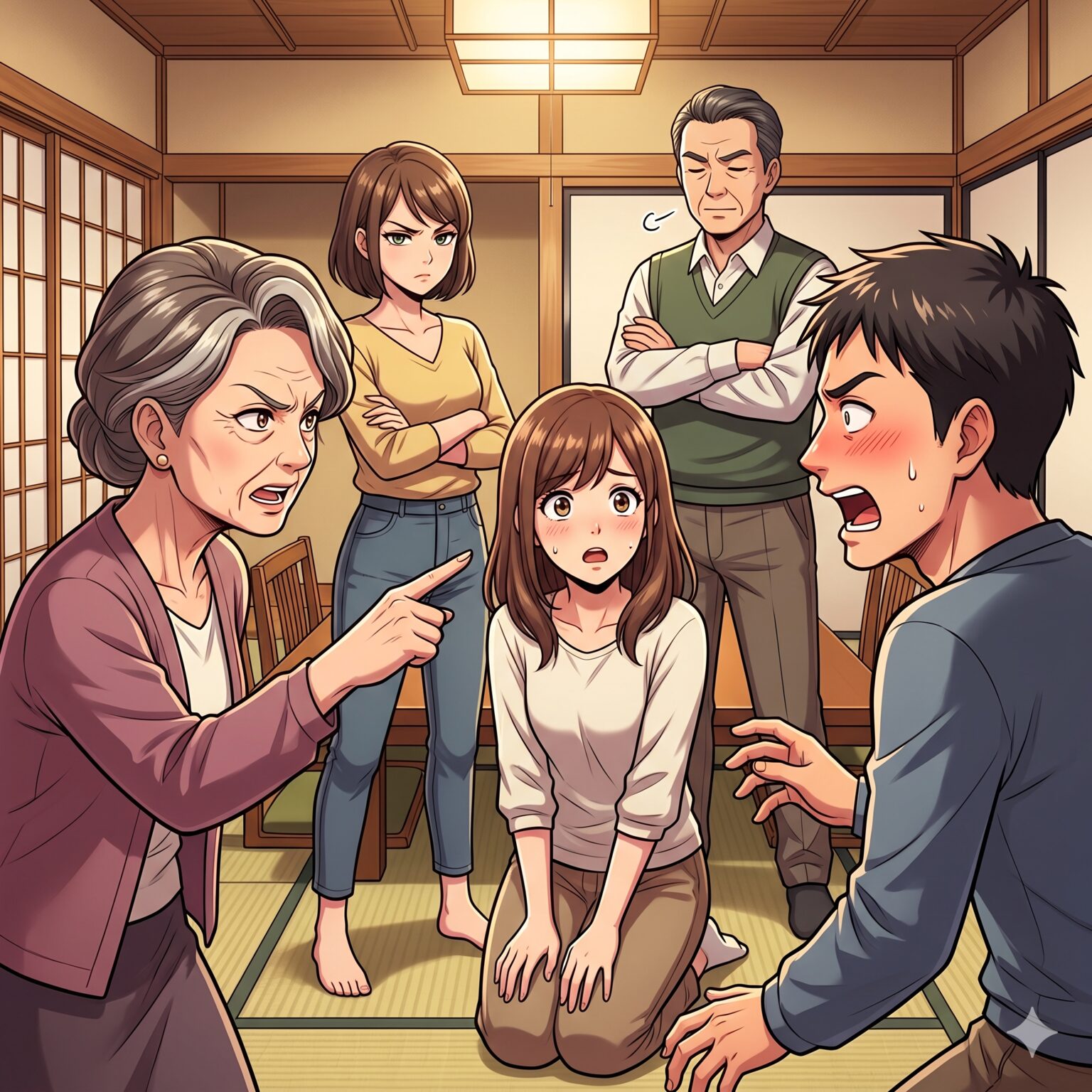 Older woman angrily scolds a seated young woman while the rest of the family looks on in a tense tatami-room setting.