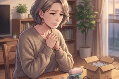 Worried elderly woman with gray hair and a beige sweater sits at a wooden table, hands held together, in a cozy living room.