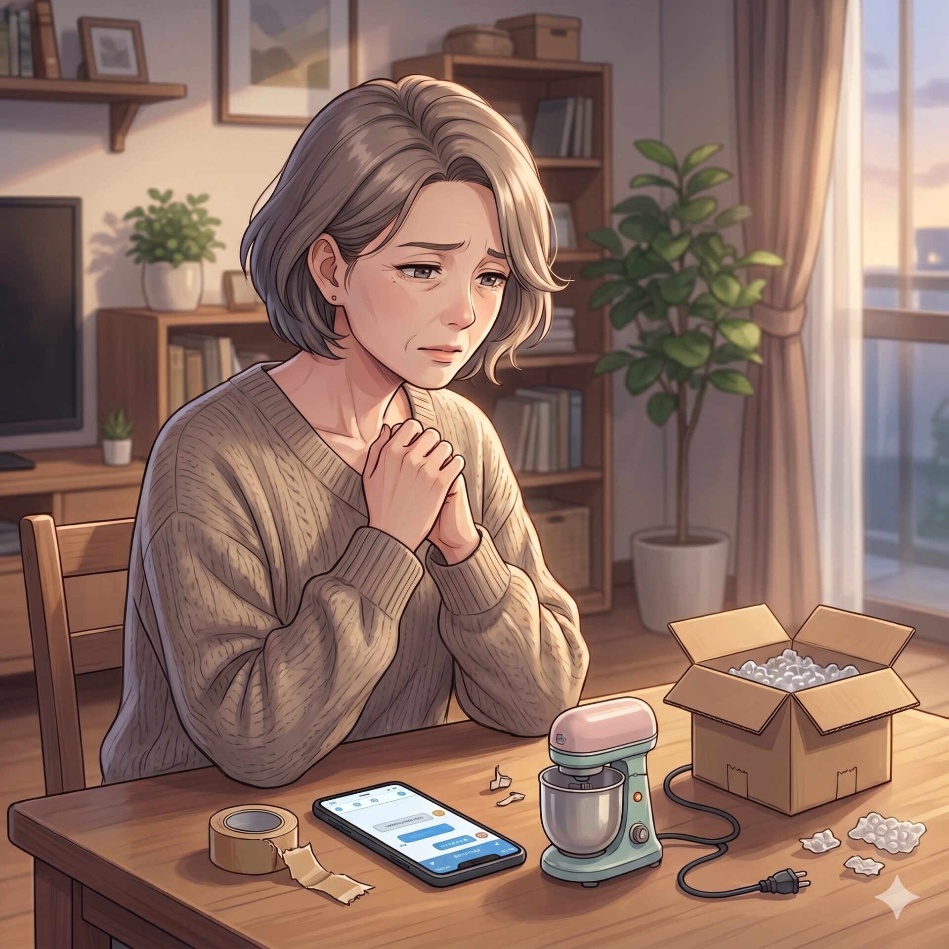 Worried elderly woman with gray hair and a beige sweater sits at a wooden table, hands held together, in a cozy living room.