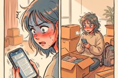 Two-panel scene: a person with blue hair looks anxious, sweating and blushing while reading a phone in a cluttered room with moving boxes in the background.