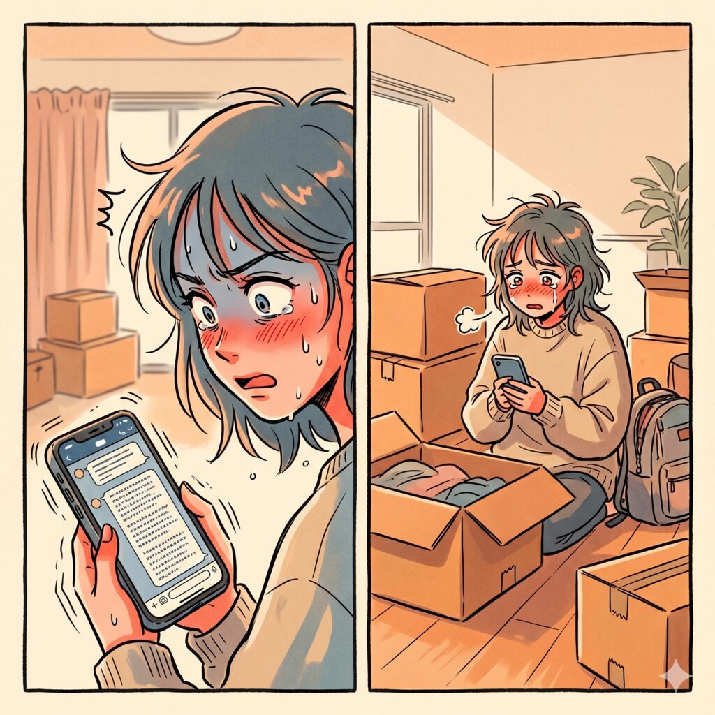 Two-panel scene: a person with blue hair looks anxious, sweating and blushing while reading a phone in a cluttered room with moving boxes in the background.