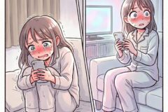 Two-panel comic of a young woman in pajamas reacting to her phone: left panel shows her curled up in bed, crying and blushing; right panel shows her on a sofa, still blushing and surprised while looking at her phone.