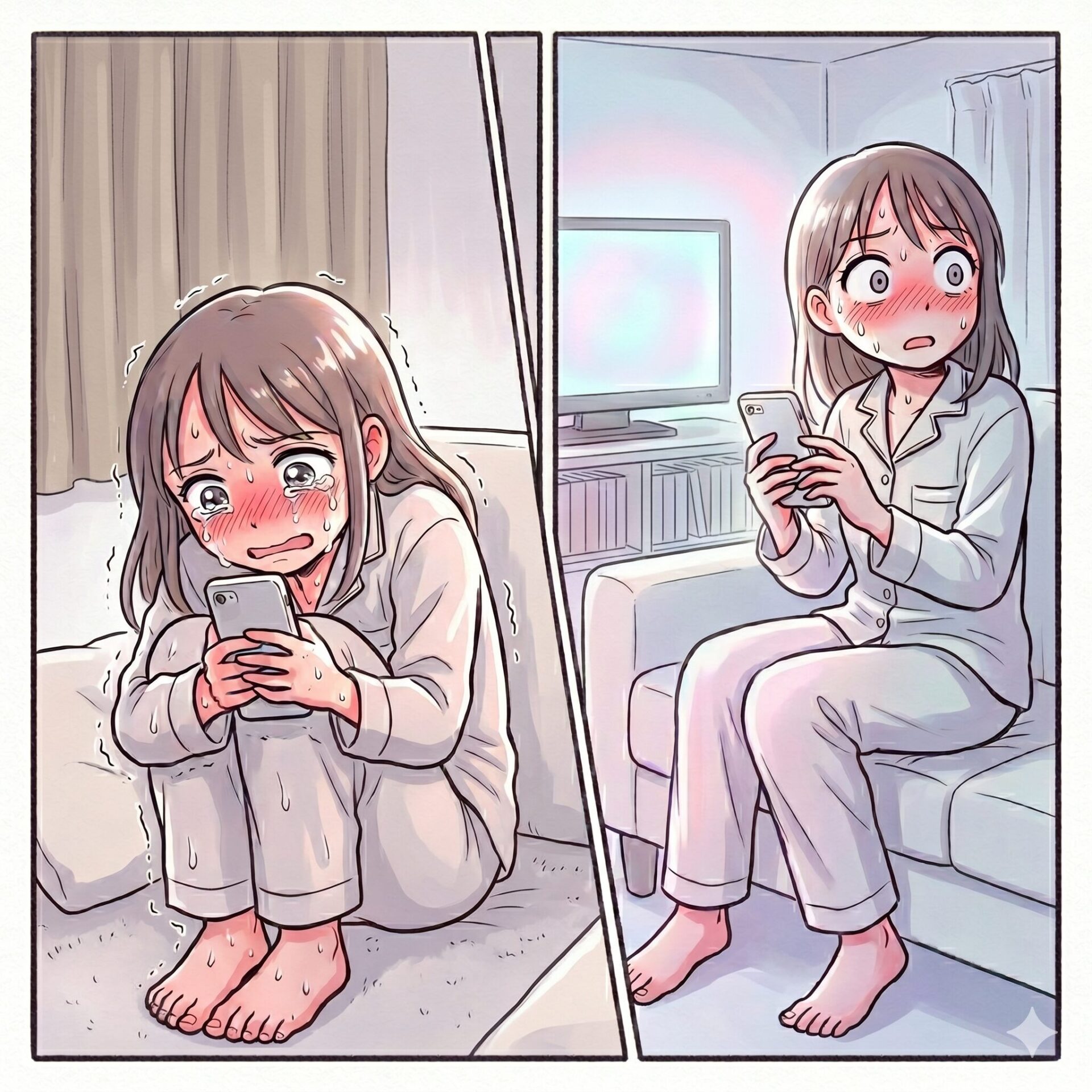 Two-panel comic of a young woman in pajamas reacting to her phone: left panel shows her curled up in bed, crying and blushing; right panel shows her on a sofa, still blushing and surprised while looking at her phone.