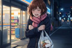 Young woman in a navy coat and pink scarf stands outside a brightly lit convenience store at night, hugging herself in distress, with a plastic grocery bag in hand.
