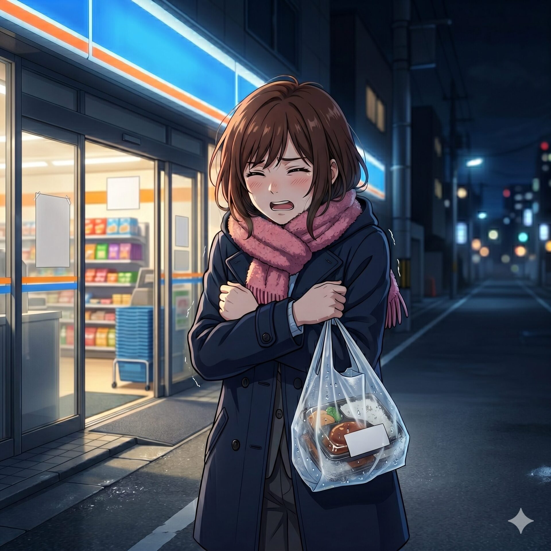 Young woman in a navy coat and pink scarf stands outside a brightly lit convenience store at night, hugging herself in distress, with a plastic grocery bag in hand.