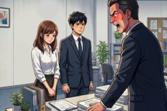 Angry boss shouting at two frightened coworkers in an office; desk piled with papers nearby.