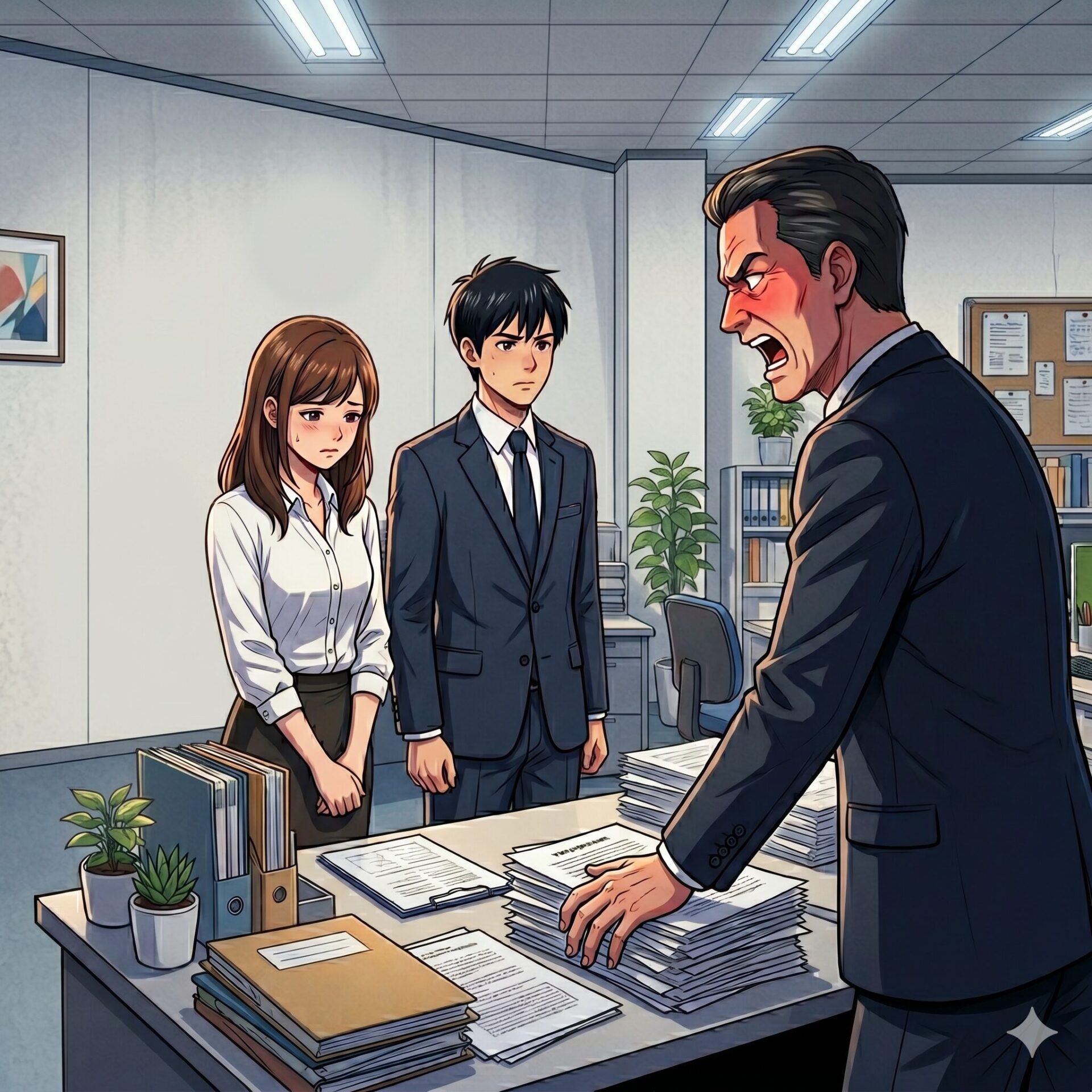 Angry boss shouting at two frightened coworkers in an office; desk piled with papers nearby.
