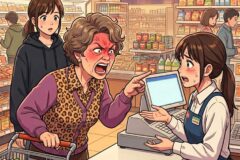 Angry older woman shouting and pointing at a young cashier at a grocery store checkout; a bystander looks on as the embarrassed cashier handles the register.