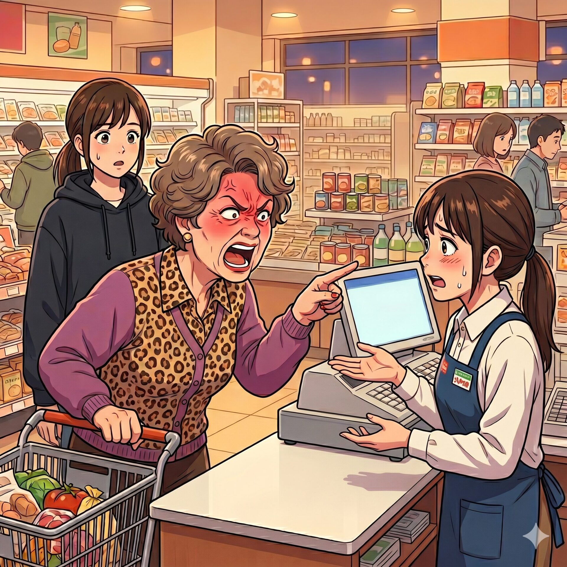 Angry older woman shouting and pointing at a young cashier at a grocery store checkout; a bystander looks on as the embarrassed cashier handles the register.