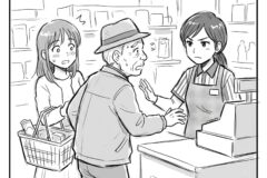 Elderly man in a hat argues at the store checkout as a surprised young woman with a shopping basket watches nearby.