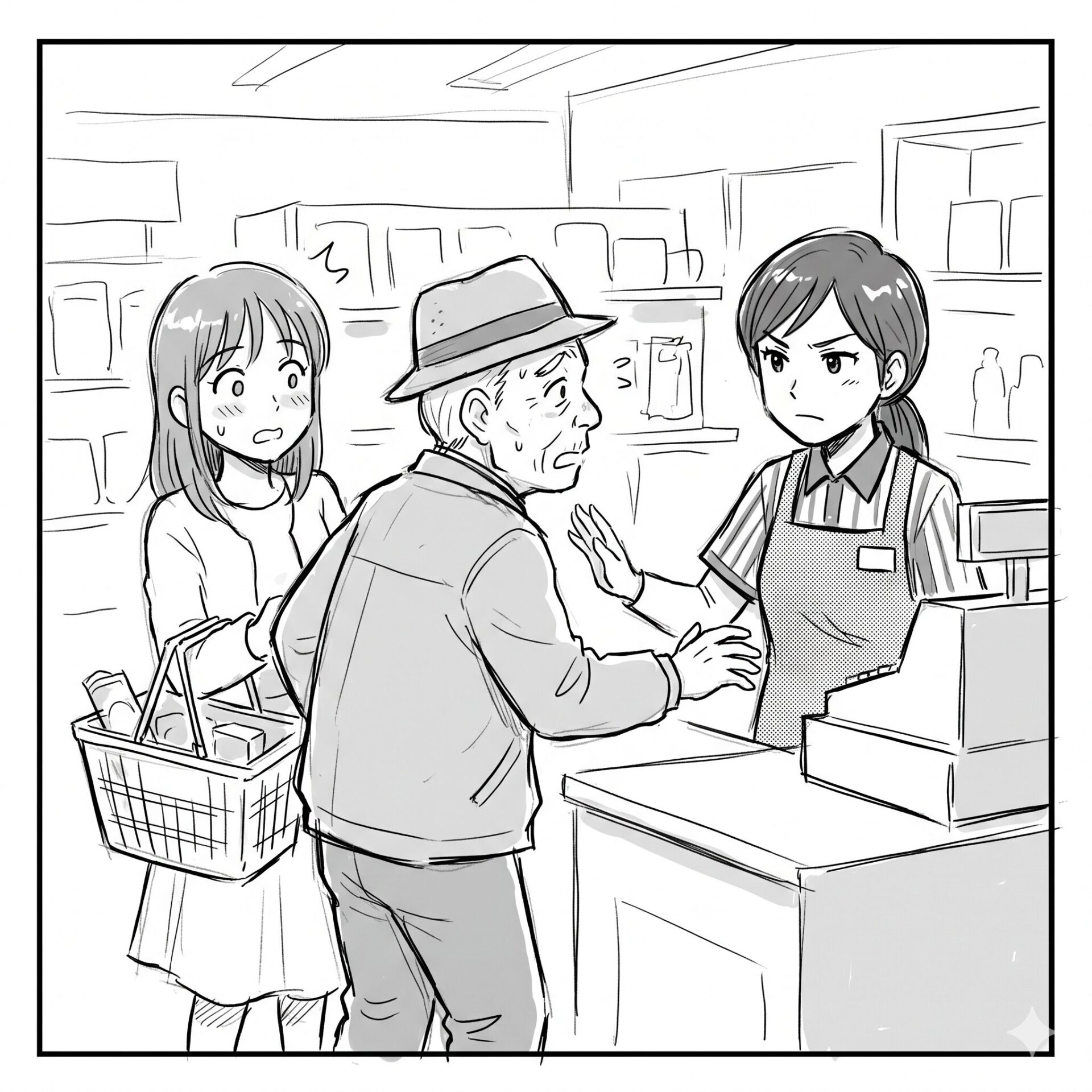 Elderly man in a hat argues at the store checkout as a surprised young woman with a shopping basket watches nearby.