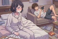 Two sick-looking people in a cluttered bedroom: a girl sits on a bed with a flushed face, sweating, while a boy lounges on a sofa scrolling his phone as the sun sets outside window.