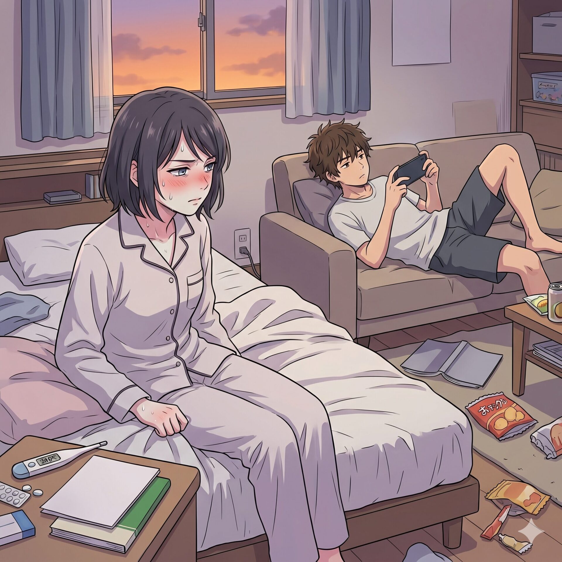 Two sick-looking people in a cluttered bedroom: a girl sits on a bed with a flushed face, sweating, while a boy lounges on a sofa scrolling his phone as the sun sets outside window.