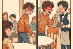 Two-panel cafe scene: a brown-haired man in an orange sweater angrily confronts customers, then points at a waiter carrying drinks as others look on in shock; blush on his face reveals anger.