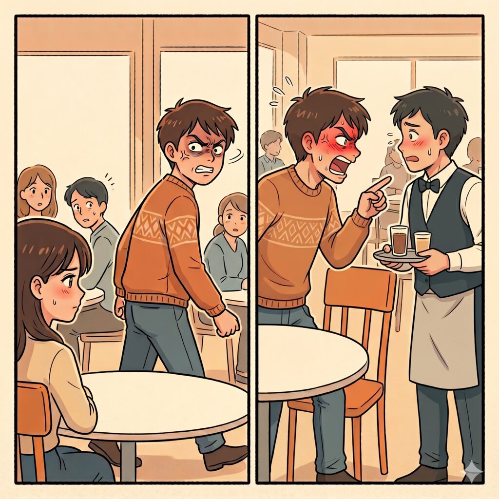 Two-panel cafe scene: a brown-haired man in an orange sweater angrily confronts customers, then points at a waiter carrying drinks as others look on in shock; blush on his face reveals anger.