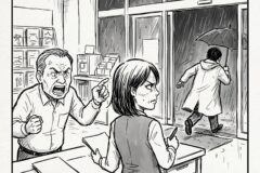 A store clerk and a shouting customer argue at the checkout while another customer rushes out into the rainy street with an umbrella.