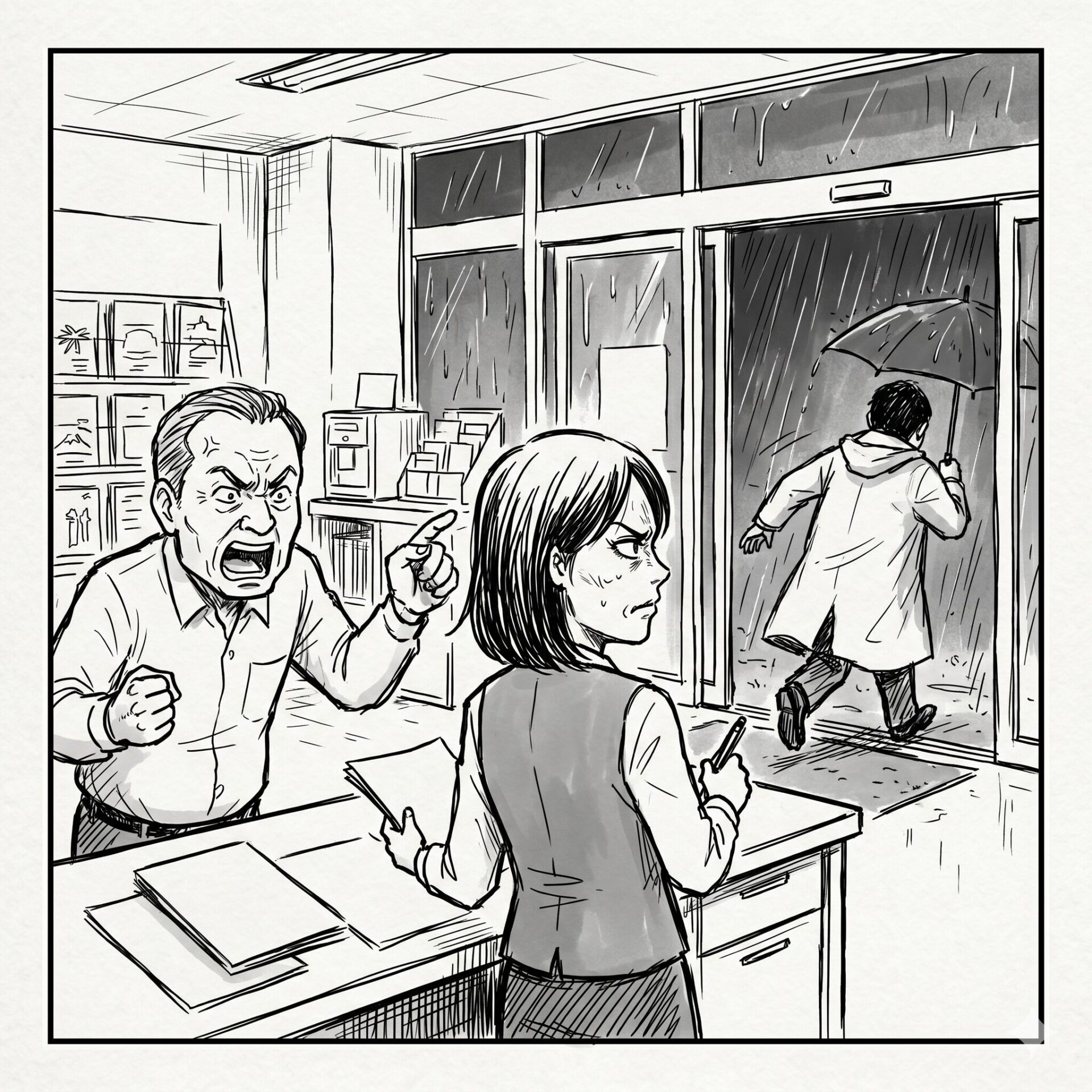 A store clerk and a shouting customer argue at the checkout while another customer rushes out into the rainy street with an umbrella.