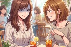 Two women chat and smile at a cafe, each with a glass of iced tea with lemon on a wooden table.