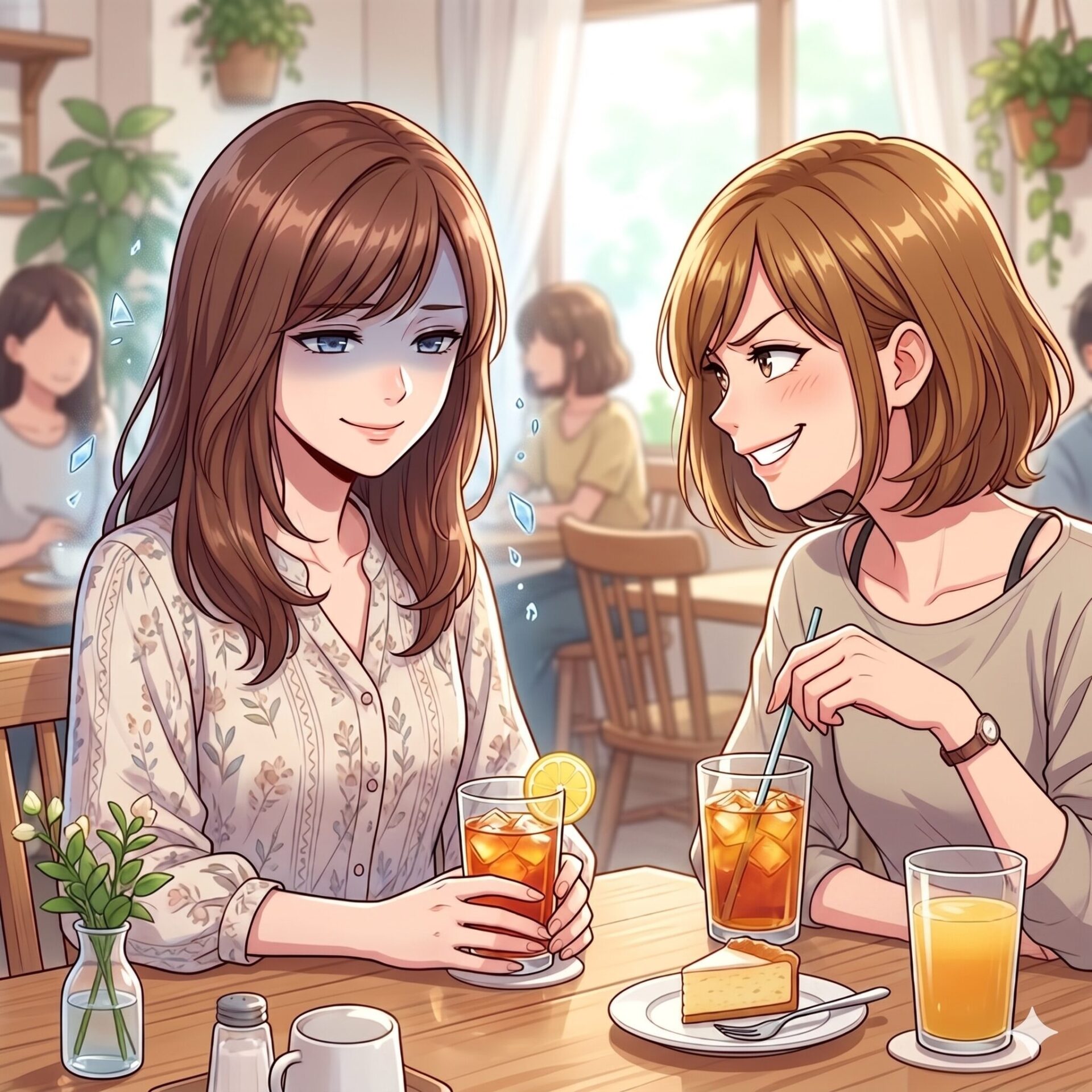 Two women chat and smile at a cafe, each with a glass of iced tea with lemon on a wooden table.