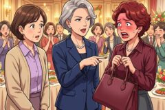 Formal banquet scene: a gray-haired woman in a blue suit points at a red-faced woman holding a maroon purse while surprised guests look on.