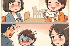 Two-panel comic: top shows a cheerful woman handing an envelope to a surprised, blushy colleague; bottom shows a man scolding a crying child who is writing at a table, with a worried woman observing.