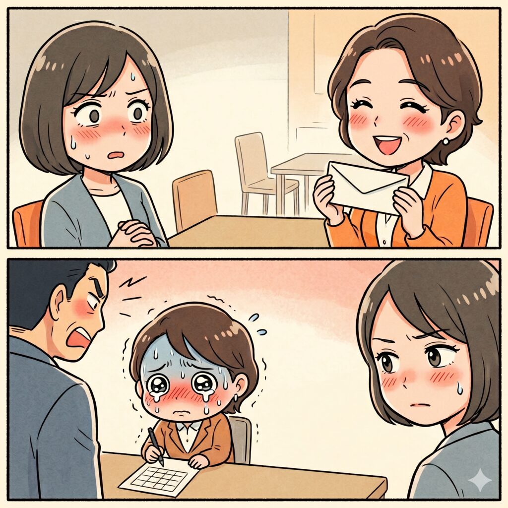 Two-panel comic: top shows a cheerful woman handing an envelope to a surprised, blushy colleague; bottom shows a man scolding a crying child who is writing at a table, with a worried woman observing.