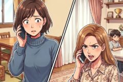 Split-panel scene of two women arguing on the phone in a cozy home: left, brown-haired in a blue sweater; right, blonde in a floral blouse with a child in the background.