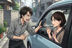 Angry man shouting at a woman in a car window, holding up a phone between them on a residential street