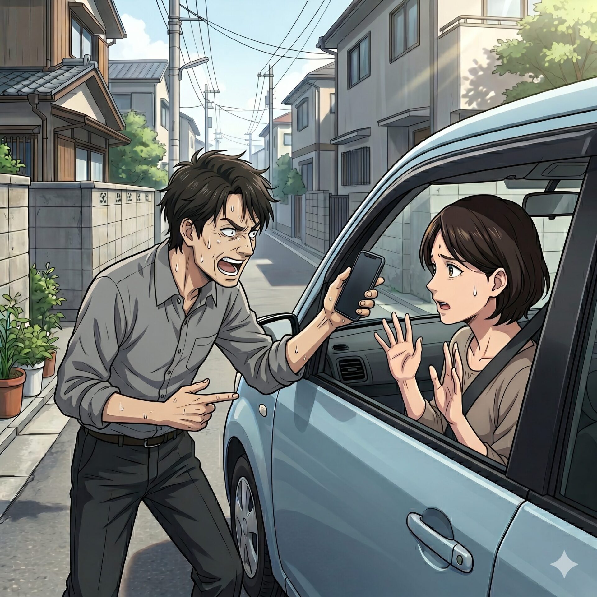 Angry man shouting at a woman in a car window, holding up a phone between them on a residential street