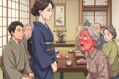Young woman in a blue kimono stands formally beside a red-faced elderly woman at a low dining table in a traditional Japanese room, with family watching.