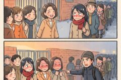 Two comic panels show people lined up outside a brick gate: in the first panel, a smiling woman greets others while a woman with a red scarf looks unhappy; in the second panel a man points angrily, and the group looks distressed or anxious.