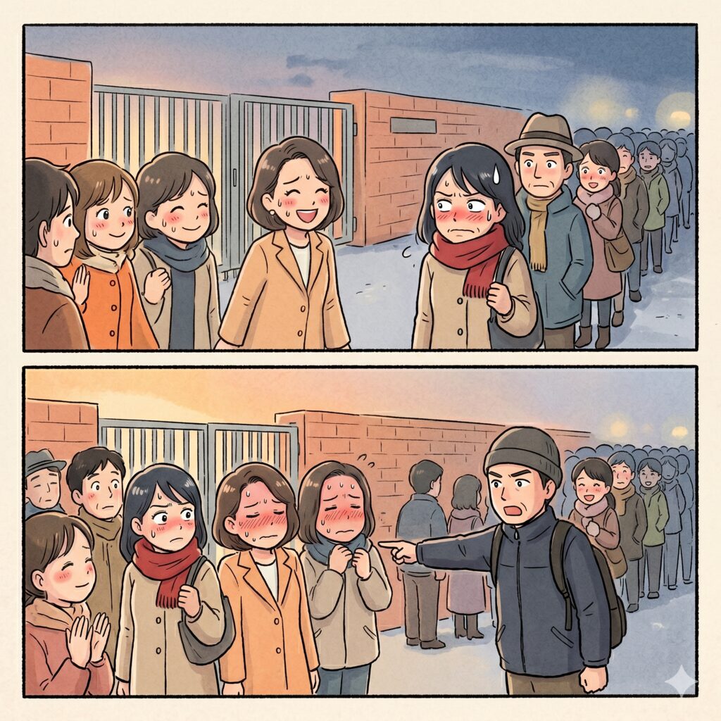 Two comic panels show people lined up outside a brick gate: in the first panel, a smiling woman greets others while a woman with a red scarf looks unhappy; in the second panel a man points angrily, and the group looks distressed or anxious.