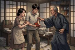 In a cluttered Japanese-style room, a stern elderly man in a robe points at a startled young man who holds an open red box, while a frightened woman grips his arm.